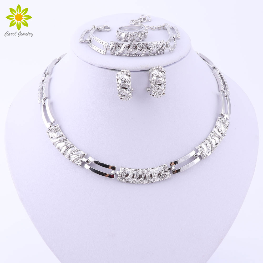 

Elegant Fashion Silver Plated Jewelry Sets Austrian Crystal African Beads Necklace Earrings Ring Bracelet Set For Women