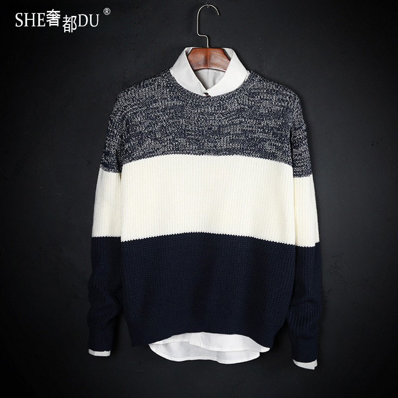 Wholesale-2016 men striped sweater qiu dong men Han edition of the new leisure knit collar men 's black and white coat