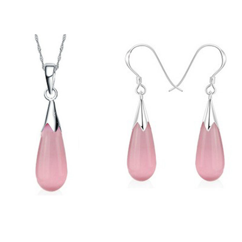 

925 Silver Plated Water Drop Shaped Opal Necklace Earrings Elegant Jewelry Set Fashion Jewelry NO CHAIN