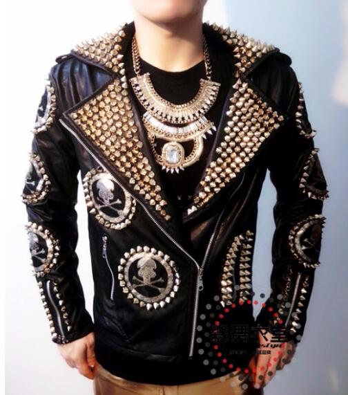 

S-5XL 2020 Men new Brand Fashion slim Blazers Bigbang DJ male GD Skeleton head Rivet motorcycle leather jacket coat male singer costumes, Black