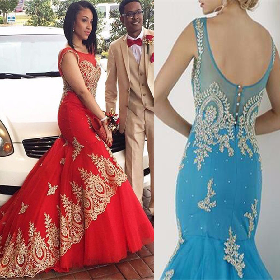 

Mermaid Appliques Gold Lace Sleeveless Scoop Red Tulle Prom Dress Plus Size Evening Dresses largos 2021, Hunter