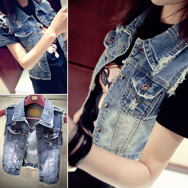 Wholesale-2016 Newest Fashion Jean Vest Women Vintage Single Breasted Hole Short Jacket Outwear Sleeveless Denim Coat Tops Plus Size 58