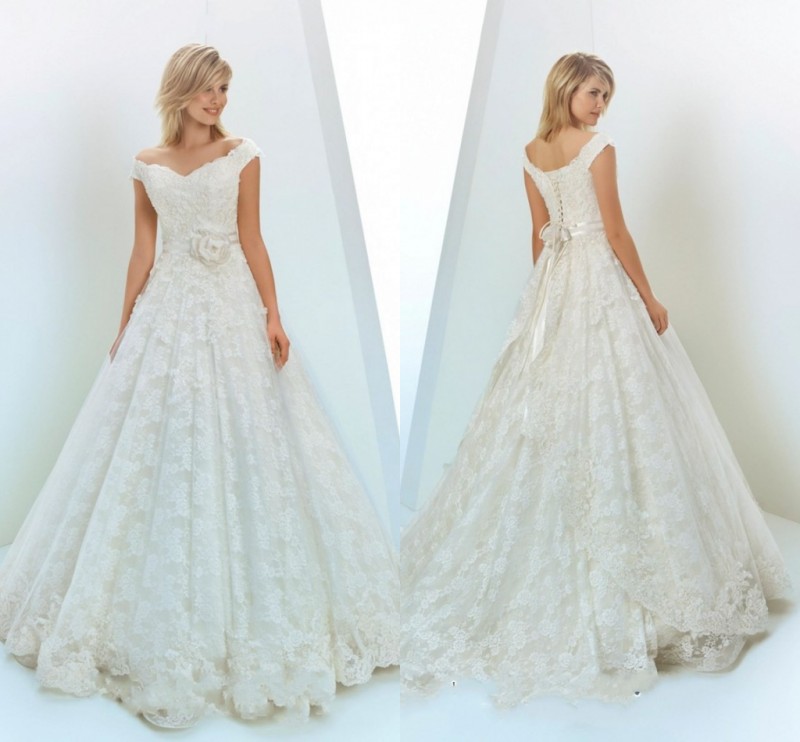 

Gorgeous Full Lace Wedding Dresses Off Shoulder Lace Up Back A Line Bridal Gowns With Handmade Flower Sweep Train Wedding Dresses Customized, Silver