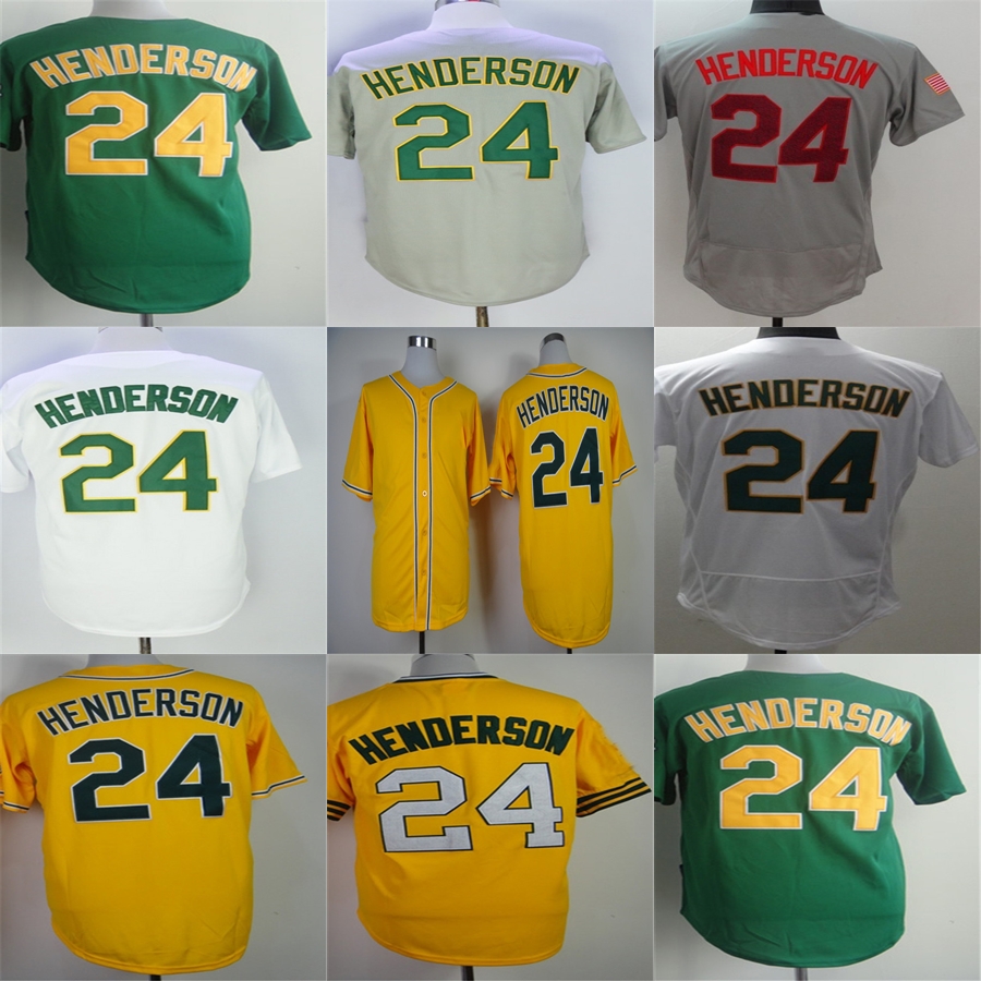 Mens Womens Kids Toddlers Oakland 24 Rickey Henderson Jersey Factoy Outlet Yellow White Green Grey Stitched Logos Top Quality Baseball Jerseys