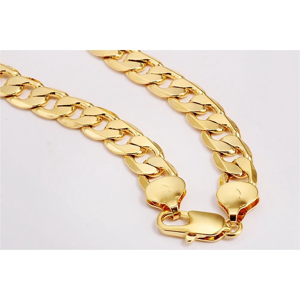 Chunky 24k Yellow Gold Filled Mens Necklace Solid Cuban Curb Chain 24in Long-image-390223374