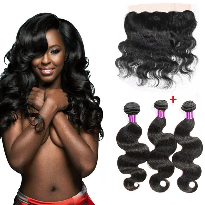 

Peruvian Body Wave Virgin Hair with Pre Plucked Lace Frontal Closure 13x4 Lace Frontal with 300g Body Wave Human Hair Weaves, Natural color