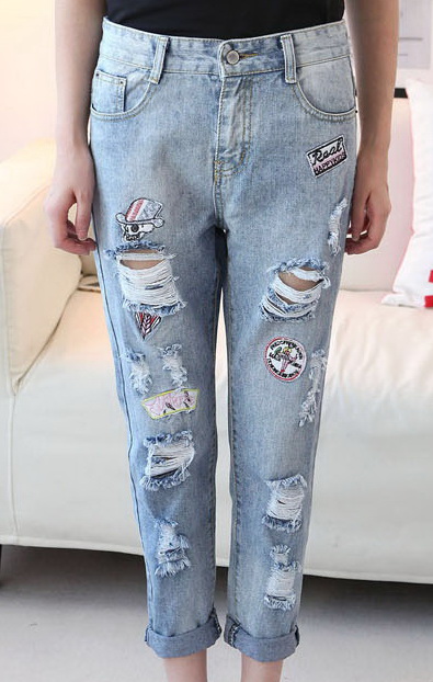 

women world fashion jeans spring autumn winter hole overall washed rigged vintage haren pants blue badge hotsale S M  XL woman