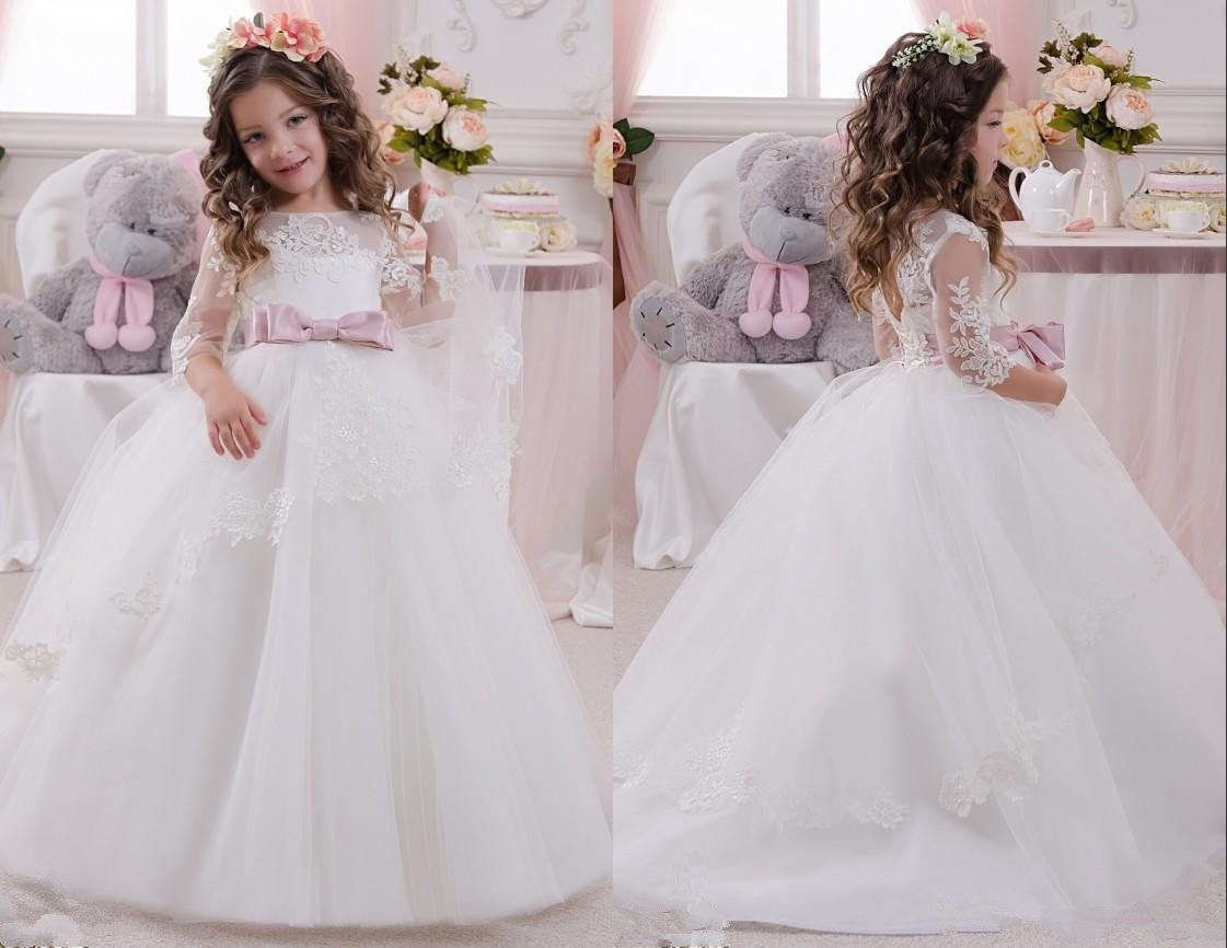 

Lace Sheer Neck 3/4 Long Sleeves Flower Girl Dresses Vintage Child Pageant Dresses Holy Communion Flower Girl Wedding Dresses, Lanvender