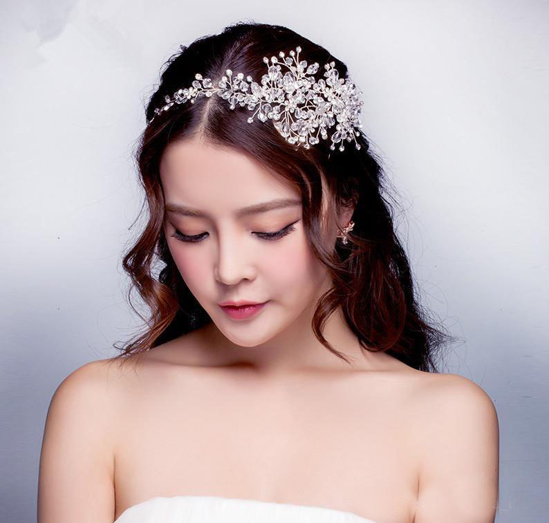 

2019 Wedding Dresses Hair Accessories Korea Shining Bridal Crystal Veil Faux Pearls Tiara Crown Headband Hair Accessories for party, Silver