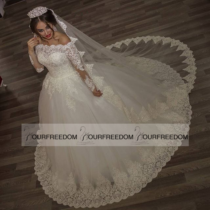 

2019 New Arrival Wedding Dresses Special Boat Neck Lace Wedding Gowns Long Sleeves Appliques Beading Gorgeous Bridal Gowns, White