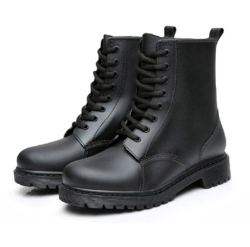 

Black Rubber rain boots for women waterproof shoes woman water rubber lace up martin boots flat with shoes