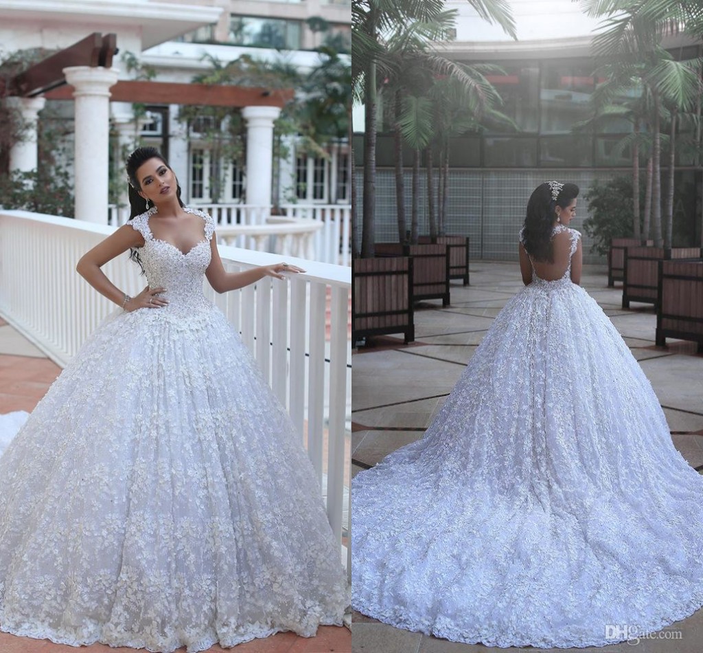 

Arabic Bohemian Ball Gown Lace Wedding Dresses Elegant Cap Sleeves Beading Flower Crystal Bridal Gowns Vestido De Noiva De Renda, Red