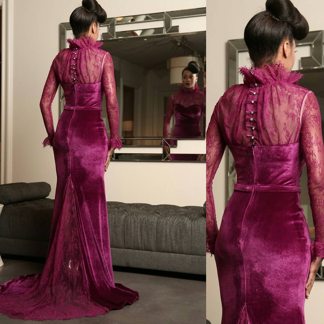 

High Neck Lace Elegant Evening Gowns Long Mermaid Velvet Formal Dresses See Though Back Sexy African Evening Dresses Abendkleider, Red