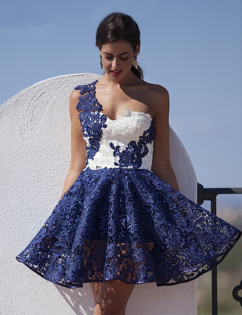 

Navy Blue Sheer Lace Short Prom Dresses with One shoulder A Line Back Zipper Vestido de Festa Longo Formal Party Gowns, Pink