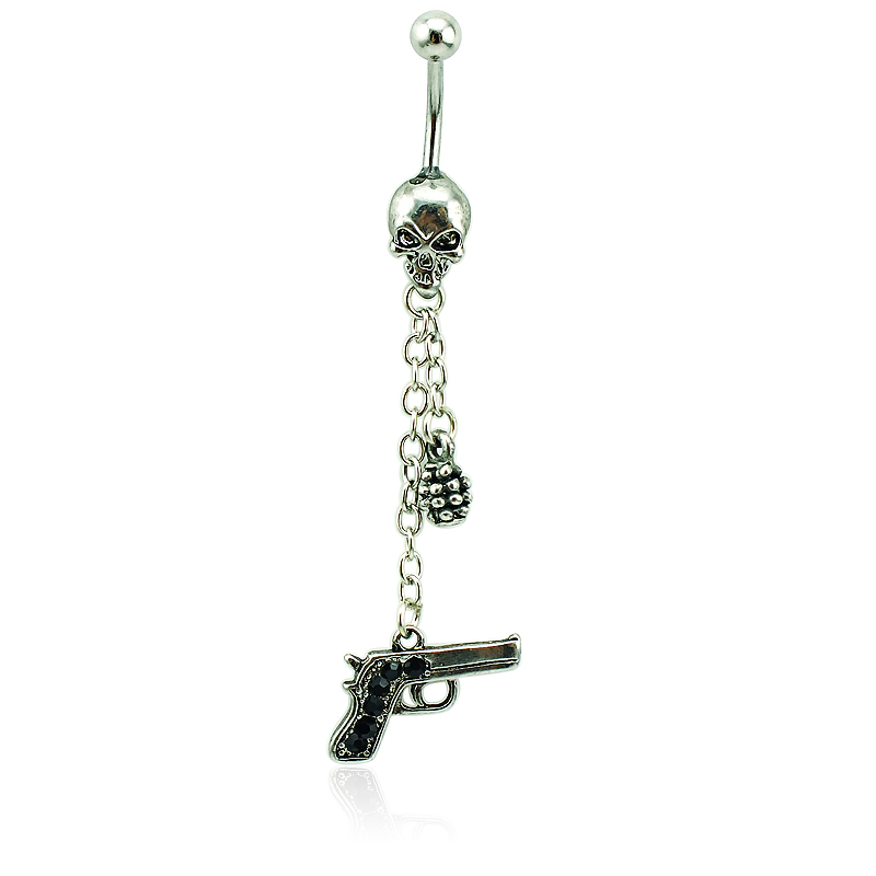 

Brand New Belly Button Rings Surgical Steel Skull Barbell Dangle Link Chain Gun Navel Piercing Jewelry, Silver
