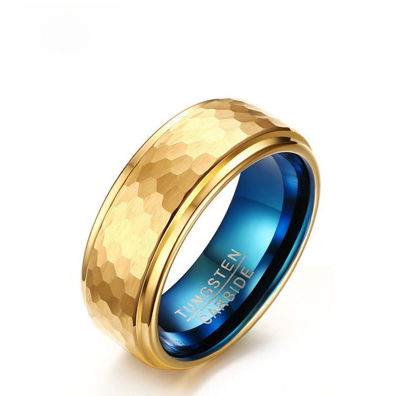 

2017 New Tungsten Carbide Wedding Ring 8MM Gold & Blue Color Men Jewelry Three-Dimensional Carving Design Mens Gold Rings US Size 7-11