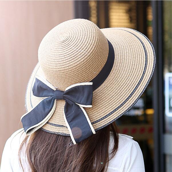 

Women's Sun Hats Foldable Straw Hats Holidays Style Wide Brim with Black Bowknots Summer Beach Sun Shading LC, Beige