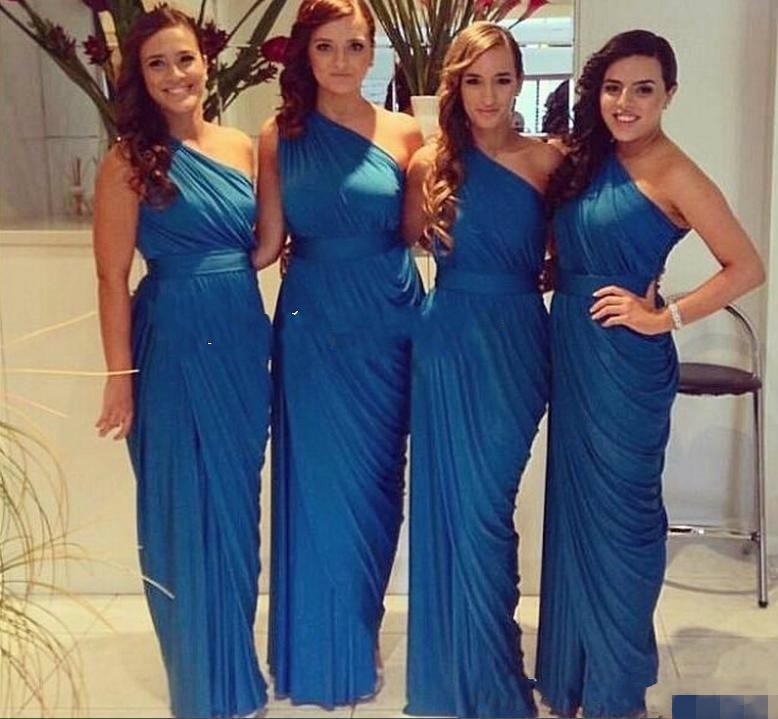 

2019 Elegant Blue Bridesmaid Dress One Shoulder Ruched Chiffon Cheap Long Formal Brides Maid Dress Women Wedding Guest Dress