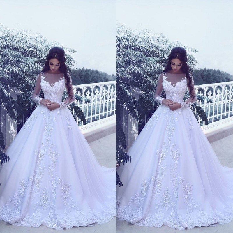 

2017 Winter Arabic Dubai Sheer Beck Illusion Long Sleeve Wedding Dresses Modest Satin Lace Appliqued Bridal Gowns Custom Made EN8259, Ivory