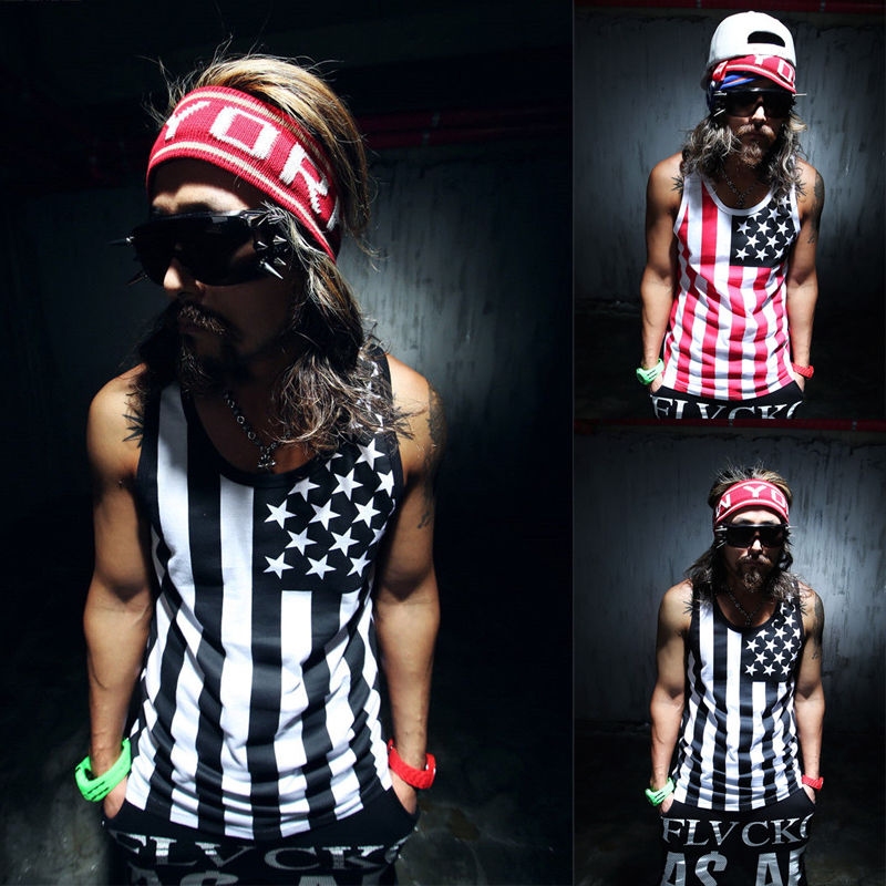 

Wholesale- Fashion Men Tank Top T-shirt Muscle Sleeveless Vest Shirt men's summer Vest FASHION HIPOP USA NATIONAL FLAG TANK TOP, Black