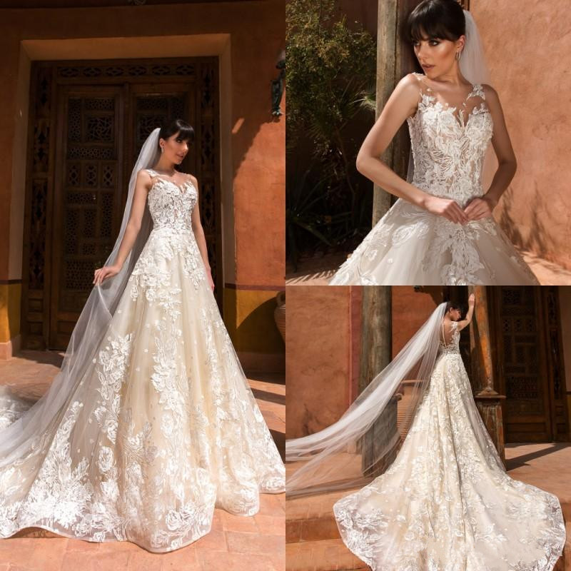 

Ivory Appliqued Lace Wedding Dresses Sheer Illusion Jewel Neck Wedding Gowns Robe de Mariage Bridal Dress, Red