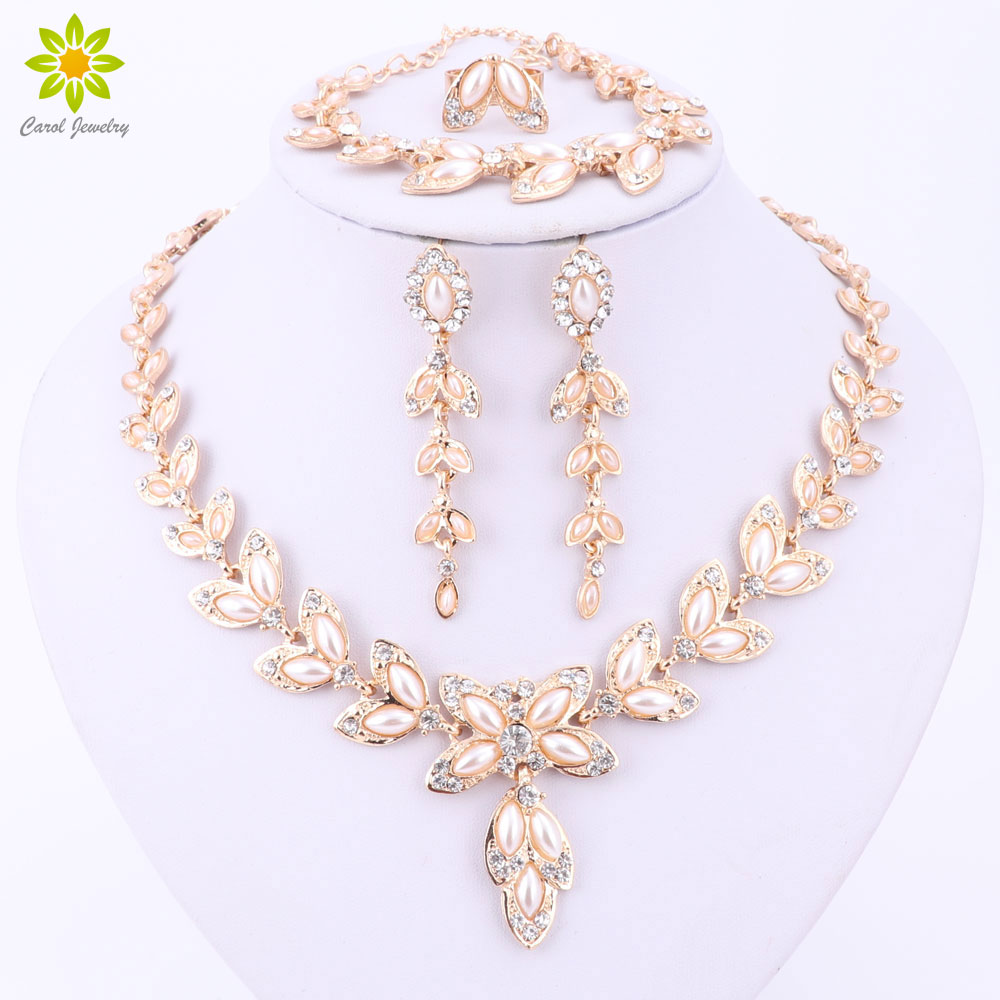 

Simulated Pearl Jewelry Sets For Women Pendant African Beads Crystal Necklace Earrings Ring Bracelet Fine Accessories