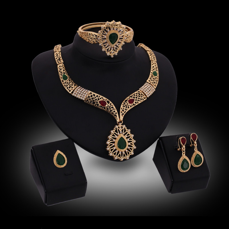 

Jewelry Set Necklaces Earrings Bangles Rings Fashion Luxury Rhinestone 18K Gold Plated Hollow Out Water Drop Party Jewelry 4-Piece Set JS156
