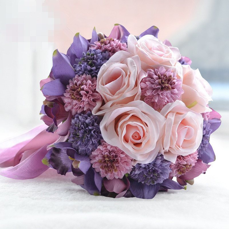 

Hot Purple Garden Beach Vintage Wedding Decoration Artificial Bridesmaid Flower Silk Rose 18PCS WF054PL CH Top Bridal Wedding Bouquet