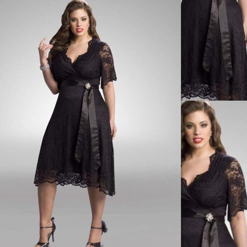 

Plus Size Bridesmaid Dresses Black Lace Half Sleeves Tea Length A-line With Sash Fashion Greek Style Gowns