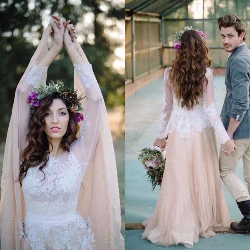 

Romantic 2017 Ivory Lace Illusion Long Sleeve Peach Chiffon Pleats Skirt Country Wedding Dresses Bridal Gowns Custom Made China EN10175