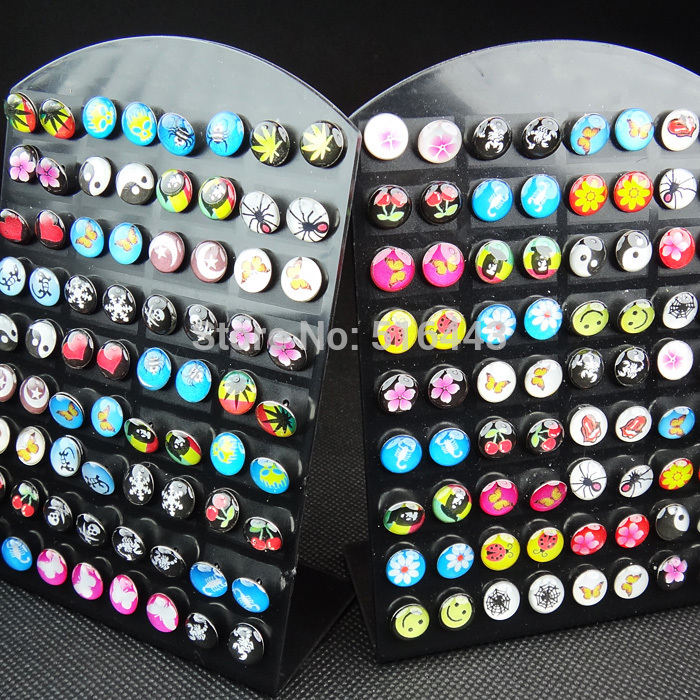 

2017 New Arrival 72pcs Mix Stainless Steel Fashion Enamel Hypoallergenic Stud Earrings Womens Mens Wholesale Jewelry Lots A225, Golden;silver