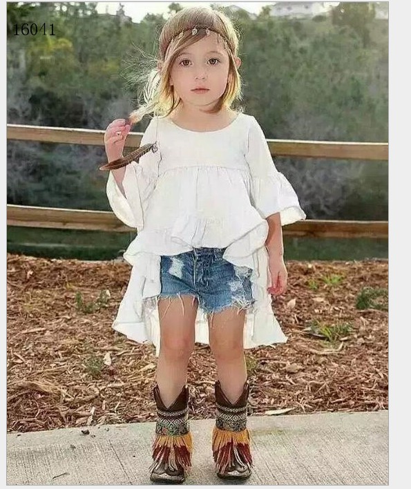 

Fashion Girls Clothes Sets 2016 Girl White Tuxedo Dress+Cowboy Shorts 2pcs Kids Outfits Baby Girl Clothing Child Suit 2-7T 6sets/lot