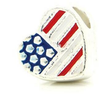 Free Shipping! European Charm Beads Heart Silver Tone American Flag Enamel 12x11mm,Hole:Approx 5mm,20PCs (B25773)-image-180140156