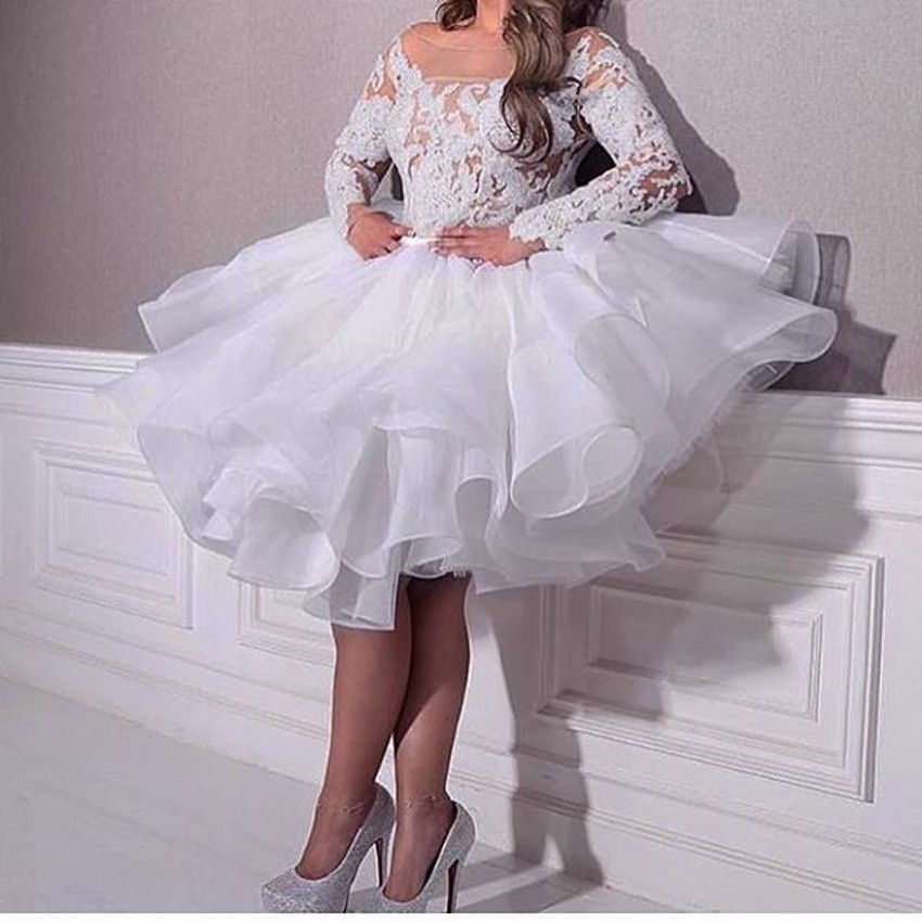 

Long Sleeve Lace White Prom Party Dresses Arabic Mid East Knee Length A Line organza Robe de Soiree Formal Evening Pageant Gowns, Yellow