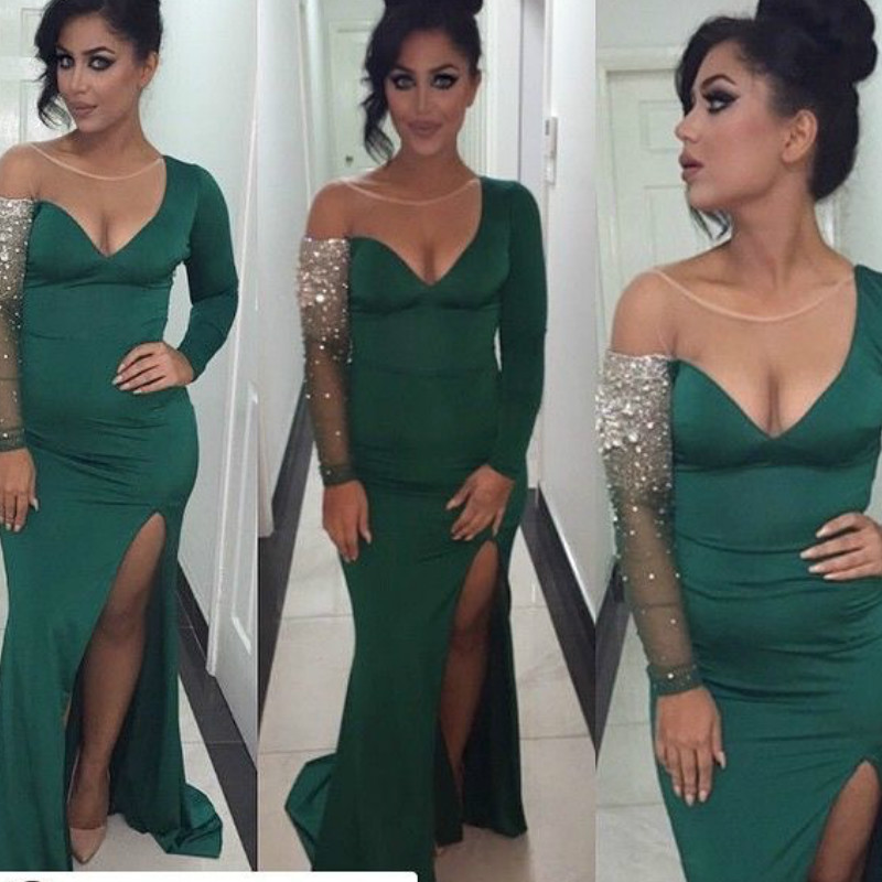 

Sexy Hunter Green Elastic Silk like Satin Mermiad Prom Dresses Long With Long Sleeves Beaded Crystals Size Split Party Gowns EN8254, Sage