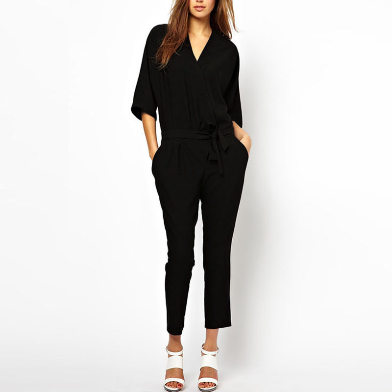 Wholesale-New Summer Casual Womens Rompers 2016 Black V-Neck Long Sleeve Rompers Office Feminino One Piece Loose Jumpsuits Coveralls S-4XL