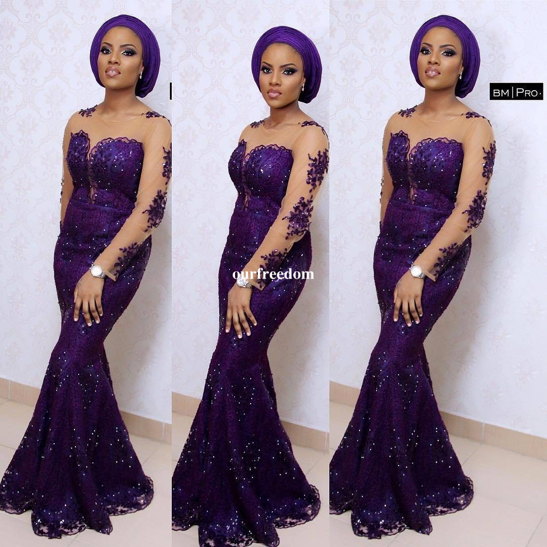 

Aso Ebi Style Purple Mermaid Evening Dresses For South Africa 2019 New Style Long Sleeve Illusion Neck Shining Lace Formal Occasion Gown, Chocolate