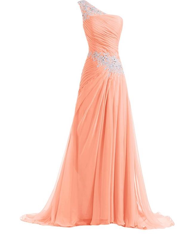 

Chiffon Coral Long Bridesmaid Dresses With Ivory Lace Applique One Shoulder Beaded Pleated Formal Evening Prom Gowns Custom Made