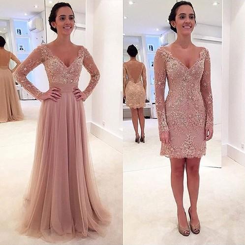 

Detachable Skirt Prom Dresses Champagne Nude Tulle Lace Long Sleeves Backless Open Back Princess Special Occasion Party Gowns Vintage, Hunter