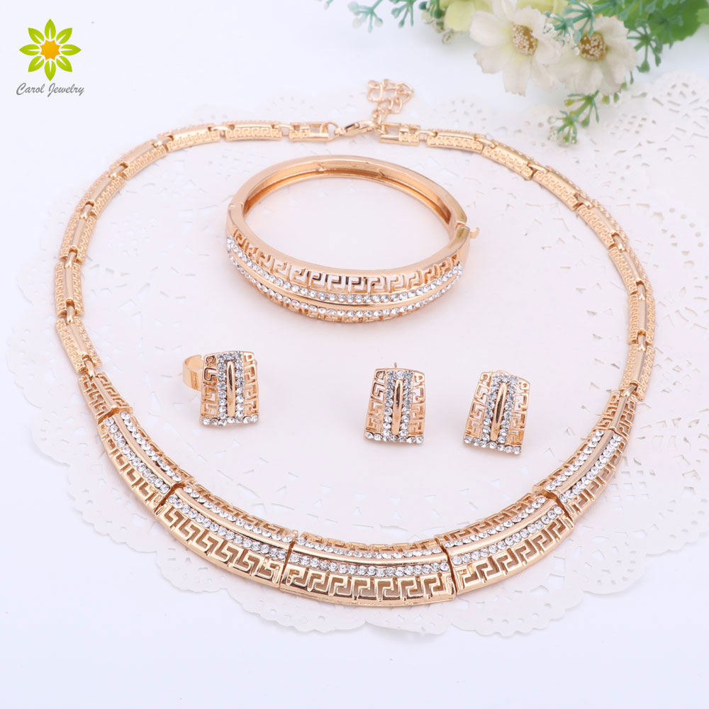 

African Jewelry Sets Wedding Jewelry Sets Gold Plated Women Necklace Set Fashion Bridal Ring Bracelet Earrings Accessories