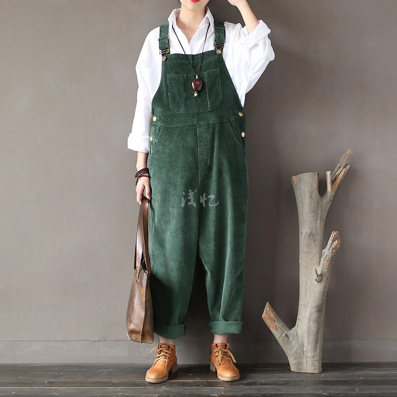 Wholesale- 2016 New Arrival Women Corduroy Overalls Boy Friends Fit Woman Jumpsuit loose full length pants Femme Bib Causal Daily Trousers-image-403362105