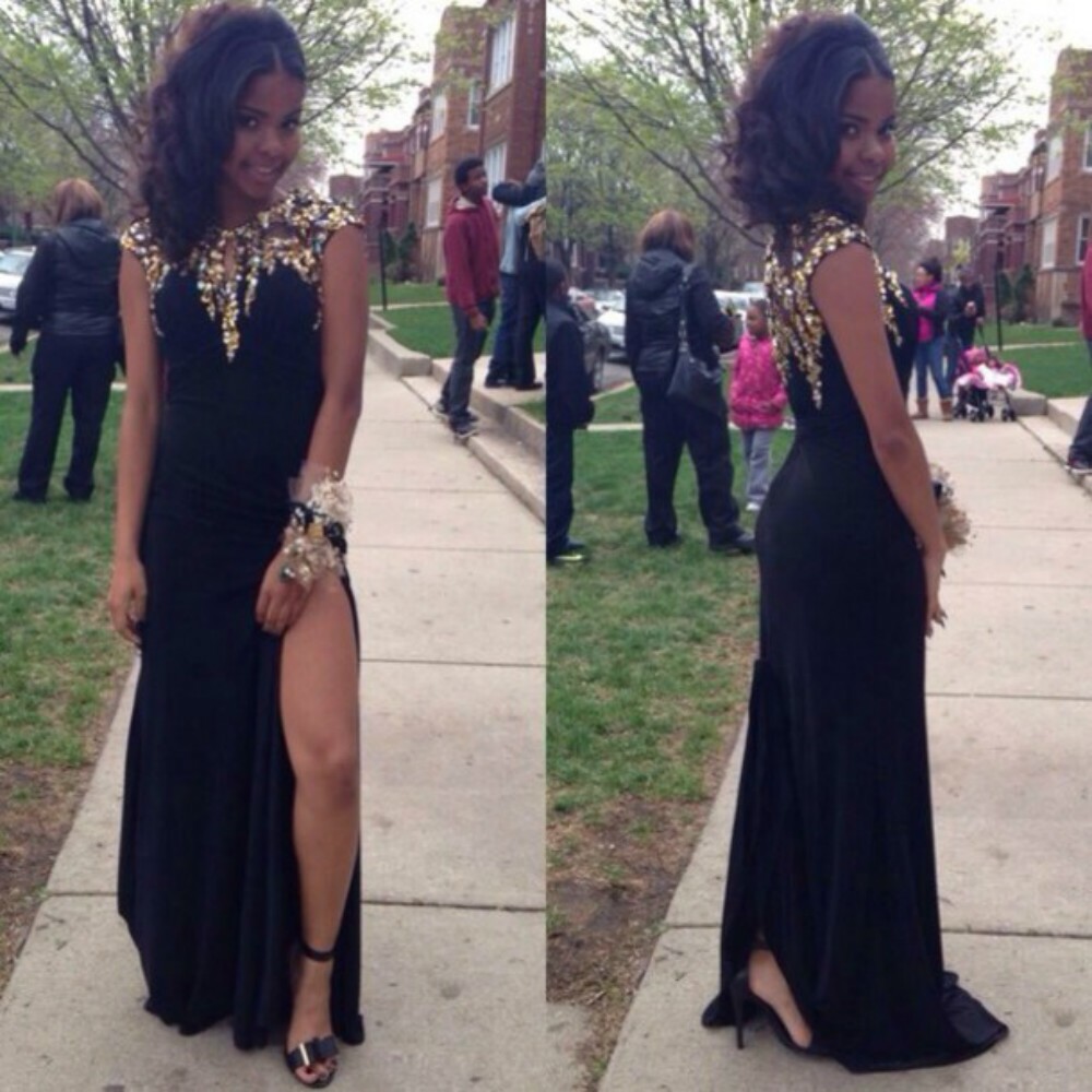 

Black Girl Dress Sexy Side Split Prom Dresses with Crystal Beaded keyhole Neck Chiffon Long Formal Evening Party Gowns Vestidos de Festa, Yellow