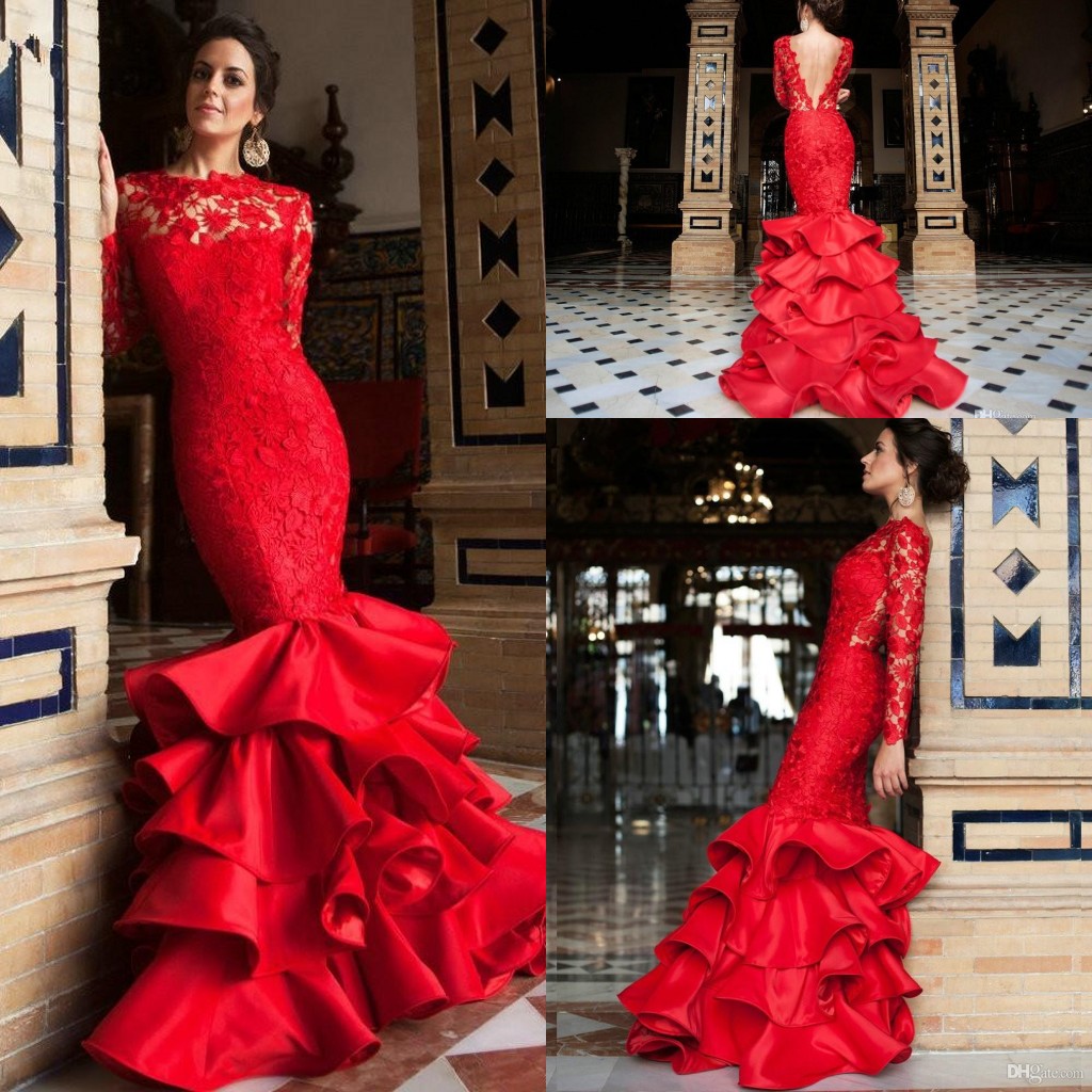 

2016 Cheap Red Mermaid Evening Dresses Wear Illusion Neck Long Sleeves Lace Backless Tiered Skirt Sweep Train Prom Dress Party Gowns Custom, Dark navy