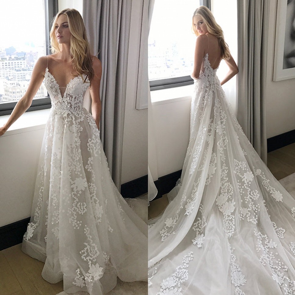 

amazing bohemian lace backless wedding dresses appliqued aline deep v neck bridal gowns court train tulle vestido de novia wedding dress, Champagne