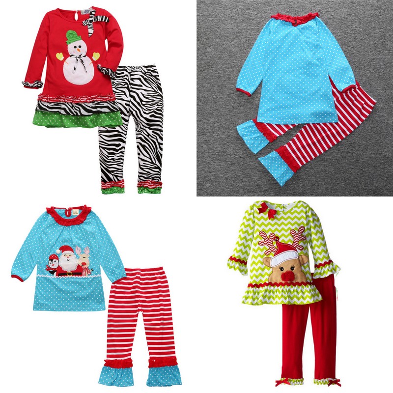 

Baby Girls Fashion Autumn Bowknot Suits Christmas Stripe Lace Dot T-shirt Dress+Pants Sets Long Sleeve Santa Claus Deer Elk Pajamas, Mix colors