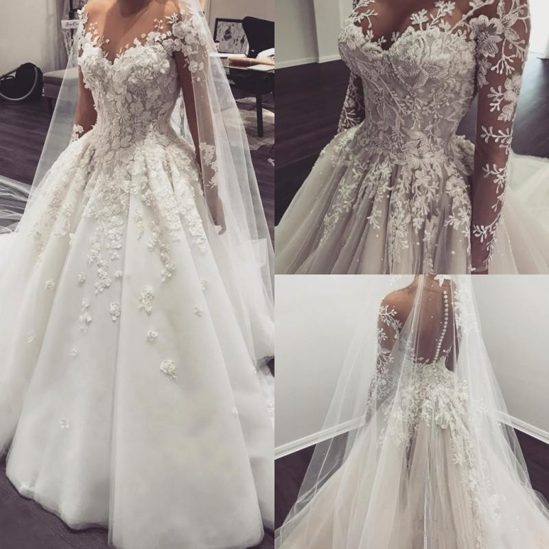 

Luxury Lace Ball Gown Wedding Dresses 3D Appliqued Sheer jewel Long Sleeves Wedding Gowns Sweep Train Plus Size Bridal Dress, White