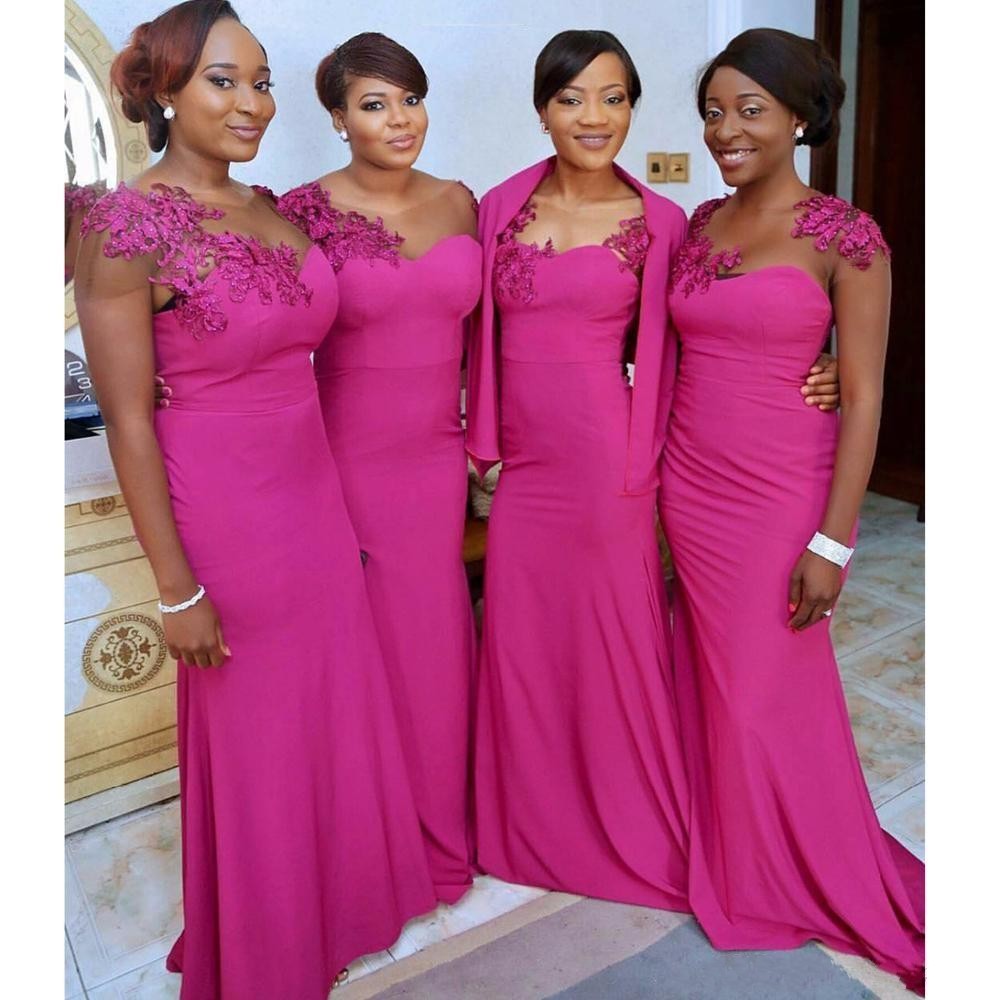 

2018 African Fuchsia Mermaid Bridesmaid Dresses Sheer Neck Appliques Short Sleeves Satin Jacket Wrap Wedding Gust Dress Maid of Honor Gowns