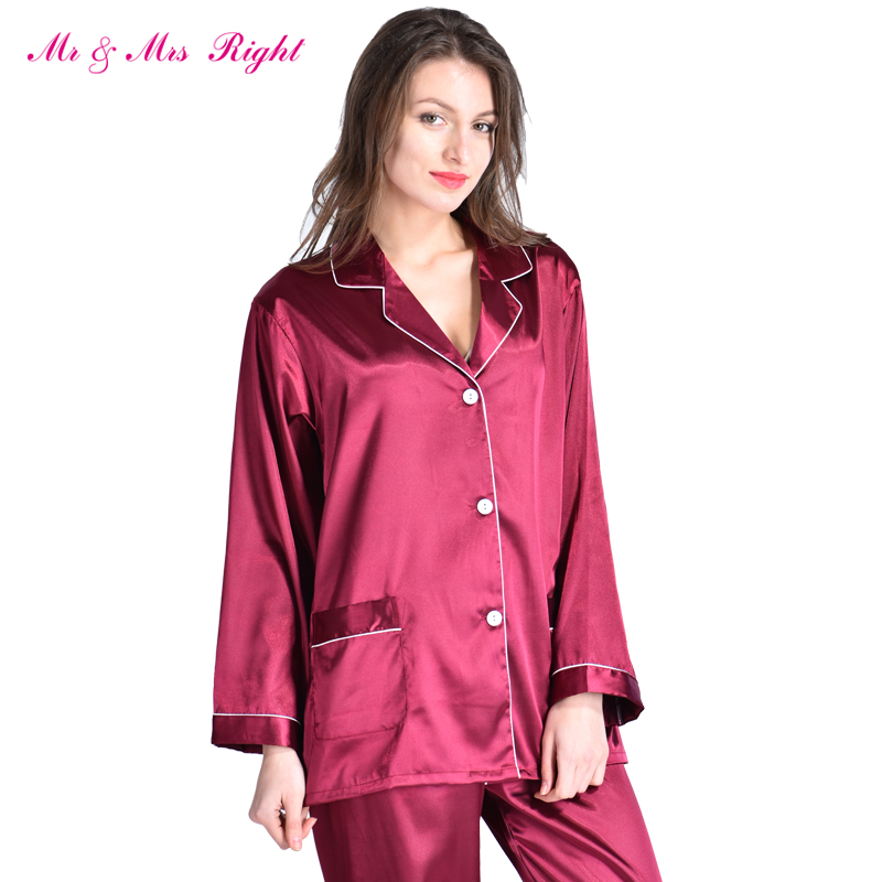 

Wholesale- MR & MRS RIGHT Satin Pajamas Set Robe Fashion Sleeping Wear Female Nightgown Silk Long Size V-neck Valentine's Day Gift Pajama, Red