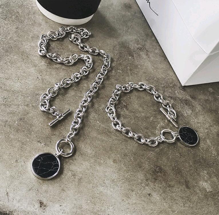 

Fashion Marble texture Necklaces Bracelets Set Collar bone Link Chain Marbling Jewelry Setting Stone Factory Price, Black
