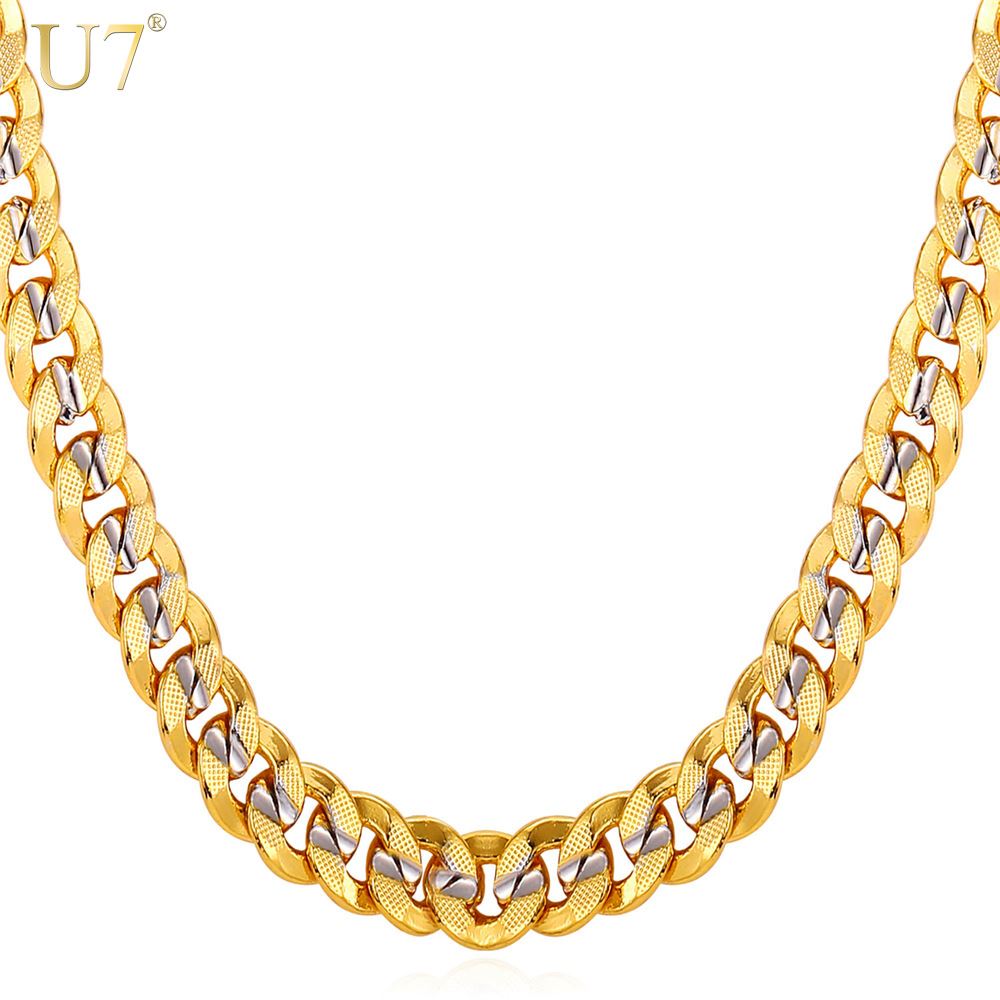 

New New Two Tone Gold Chain For Men Jewelry With Stamp Trendy 18K Real Gold Plated 9MM 5 Size Curb Men Necklaces Gift N552